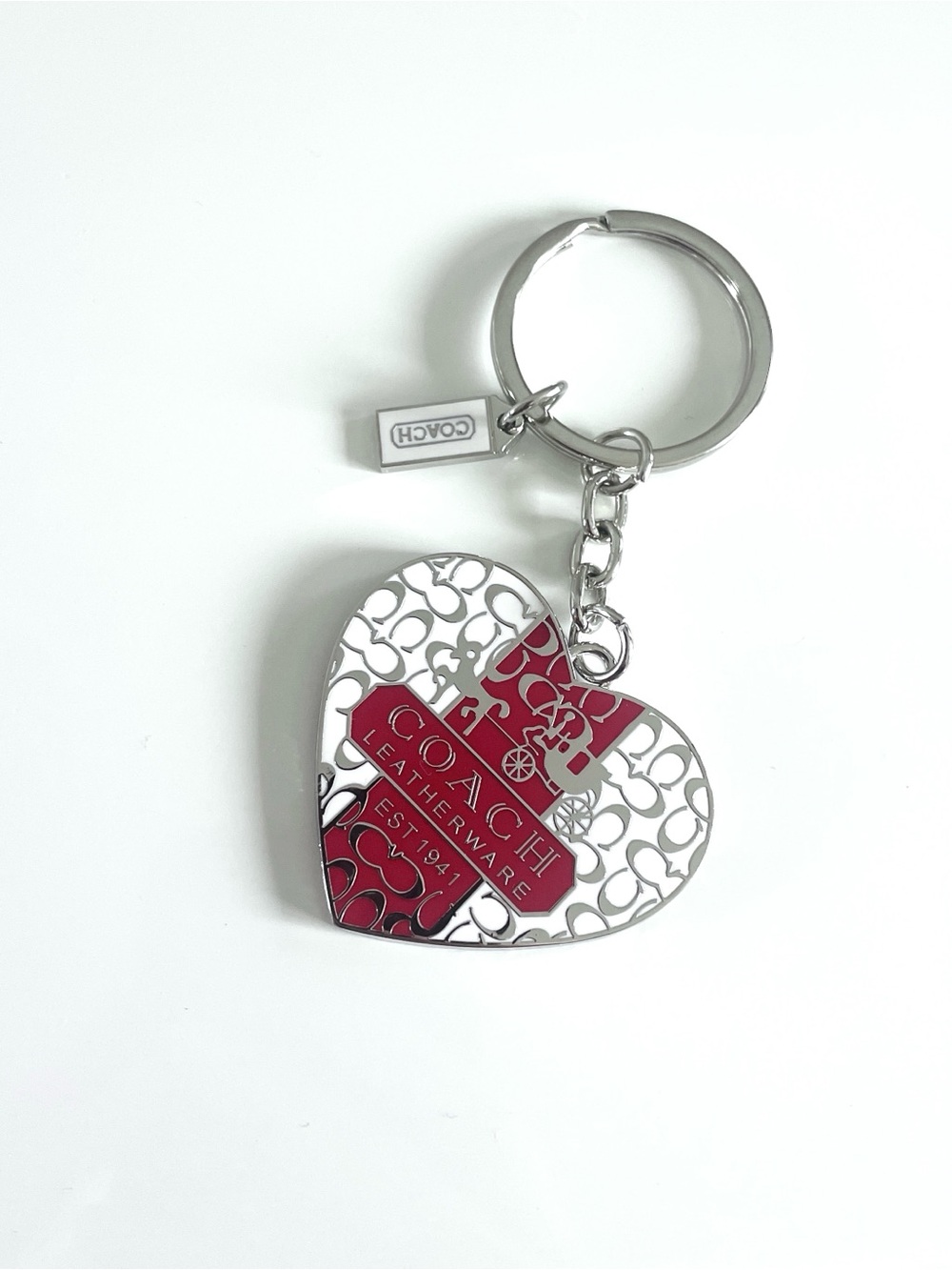 COACH Silver & Burgundy Heart Logo Key Ring